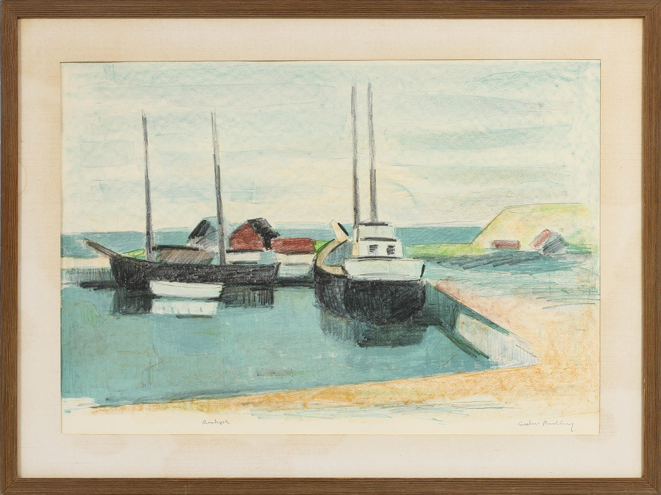 GUSTAF RUDBERG. Hamnmotiv, litografi, signerad, provtryck.