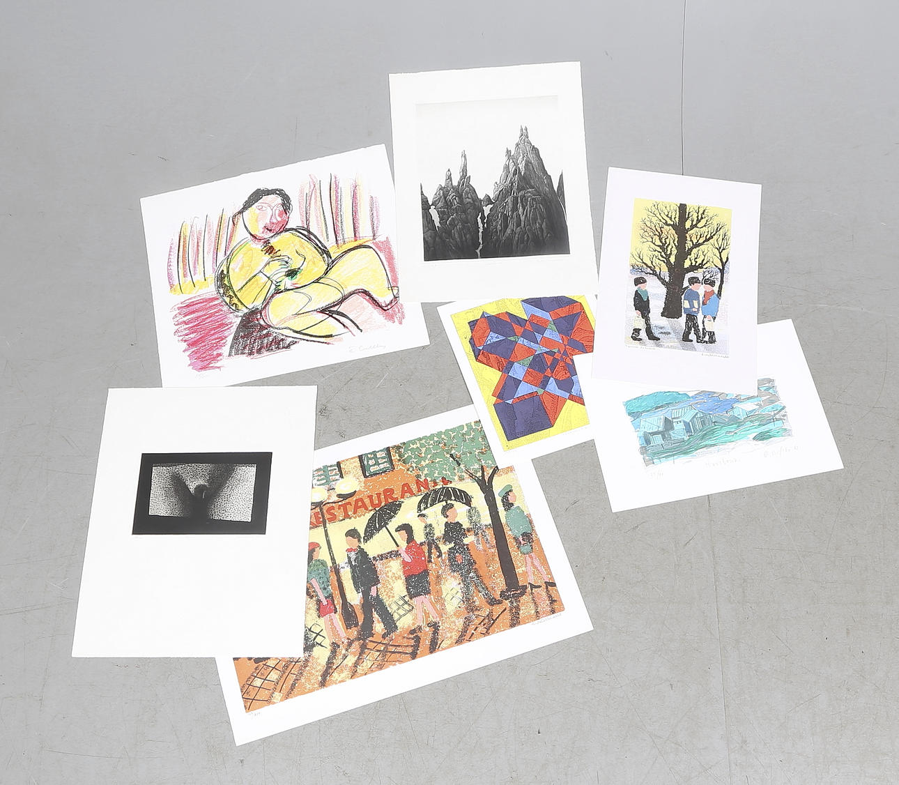 LITOGRAFIER och ETSNINGAR, 7 st. Oramade. Bland annat Jukka Vänttinen, Erland Cullberg och Eskil Nordell. Signerade.