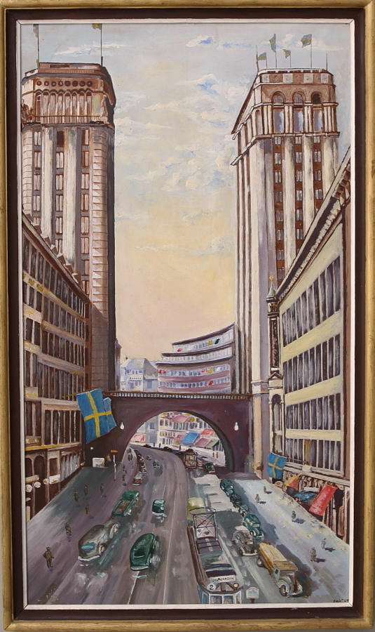 OIDENTIFIERAD KONSTNÄR. Ola på pannå, "stadsbild Stockholm", signerad.