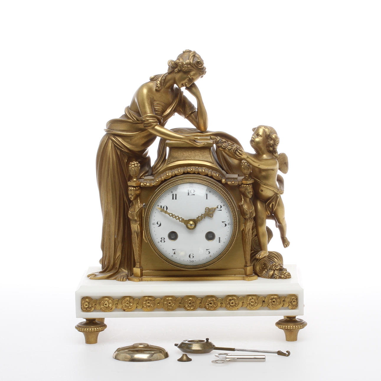 BORDSPENDYL, brons samt sten, urverk Charles Hour Paris JUST, omkring sekelskiftet 1900.