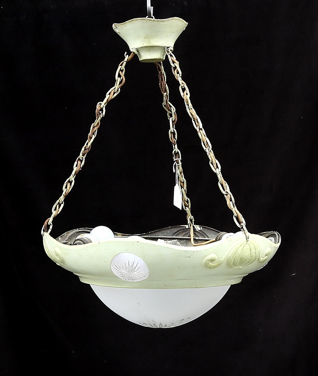 TAKPLAFOND, glas och metall, jugend, 1900-talets första hälft. Total höjd ca. 56 cm.