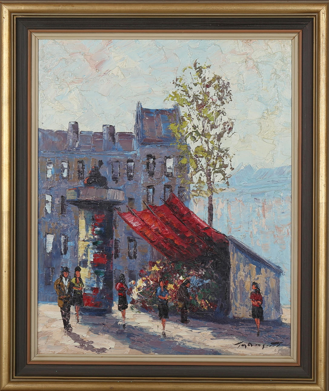 OIDENTIFIERAD KONSTNÄR. Stadsmiljö med blomsterstånd, olja på pannå, otydligt signerad.