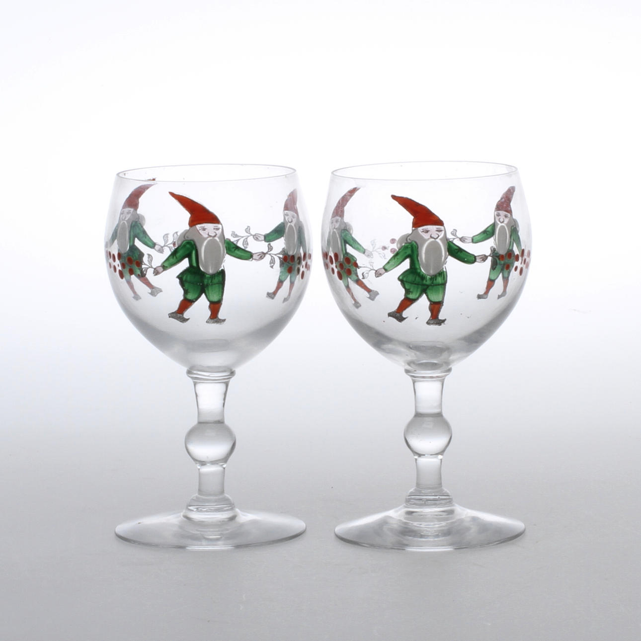 VINGLAS, 6 st, glas, tomtemotiv, 1900-tal.