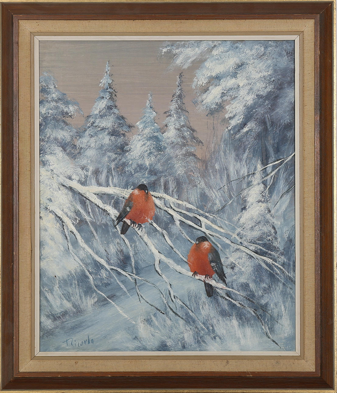 OIDENTIFIERAD KONSTNÄR. Bofinkar i vinterskog, olja på duk, signerad Ricardo.
