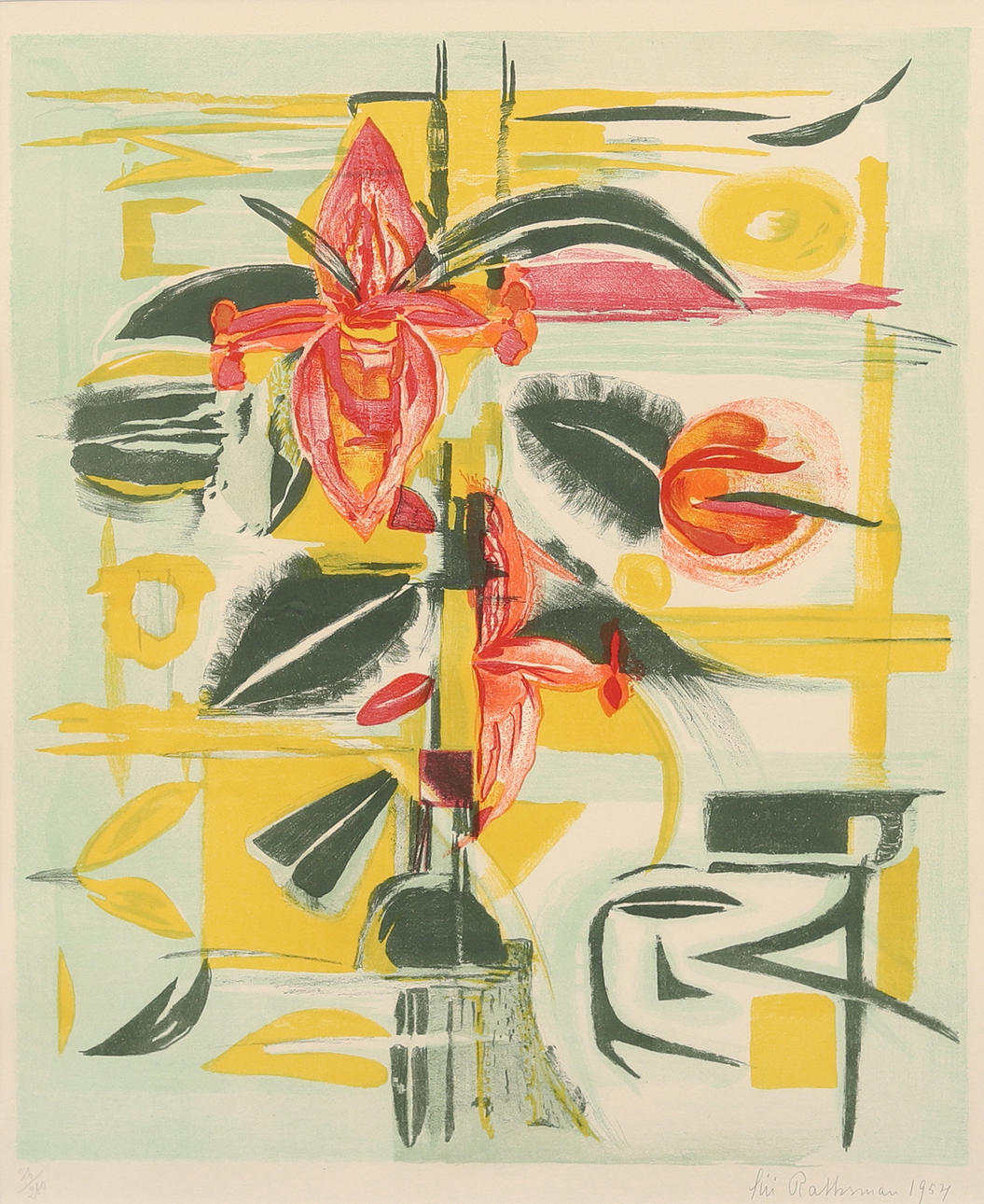 SIRI RATHSMAN. Composition with flower, color lithograph no. 76/260, signed and dated 1954.
