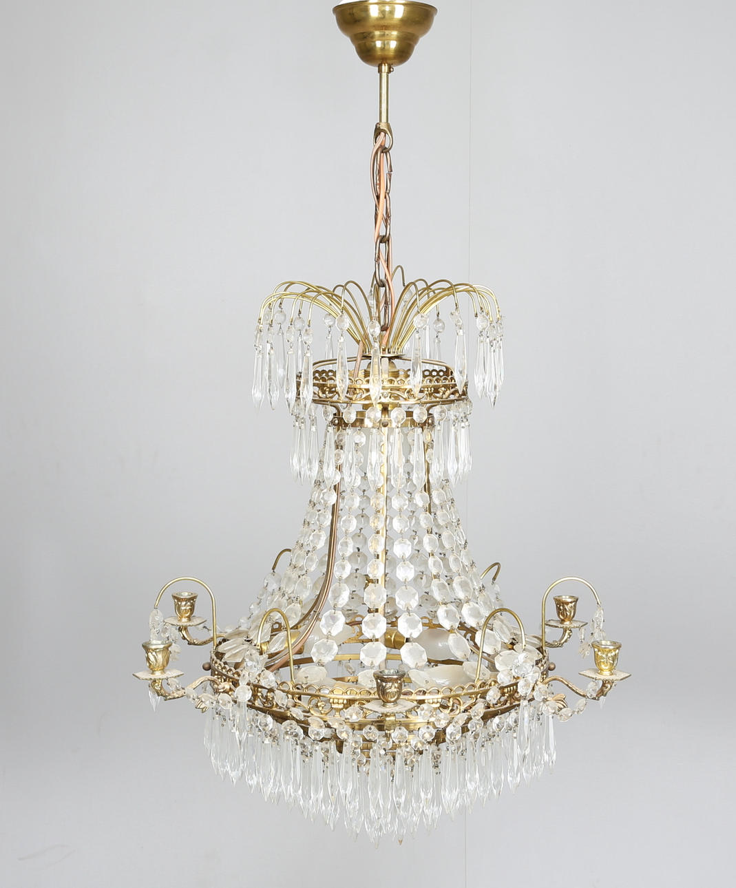 KRISTALLKRONA, Empirestil, 6 ljushållare, 1950-tal.