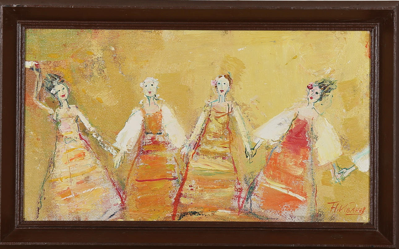 NIKOLAJ IVANOV. Dansande kvinnor, olja på pannå, otydligt signerad.