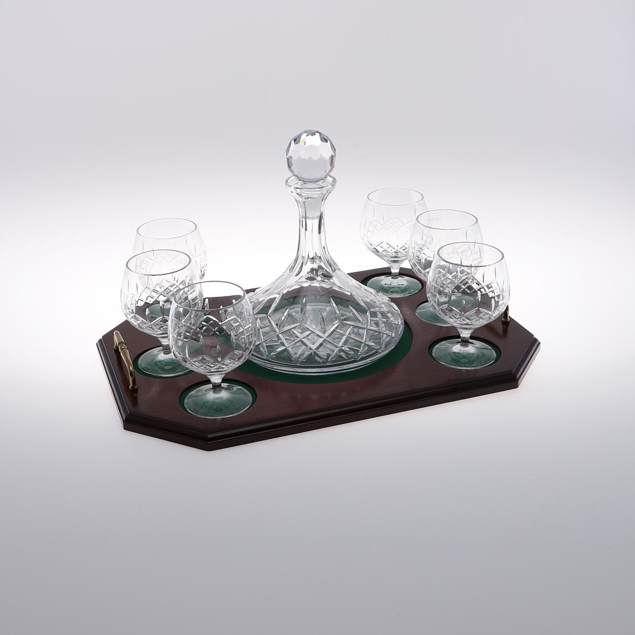 A GALWAY CRYSTAL LONGFORD BRANDY DECANTER TRAY SET.
