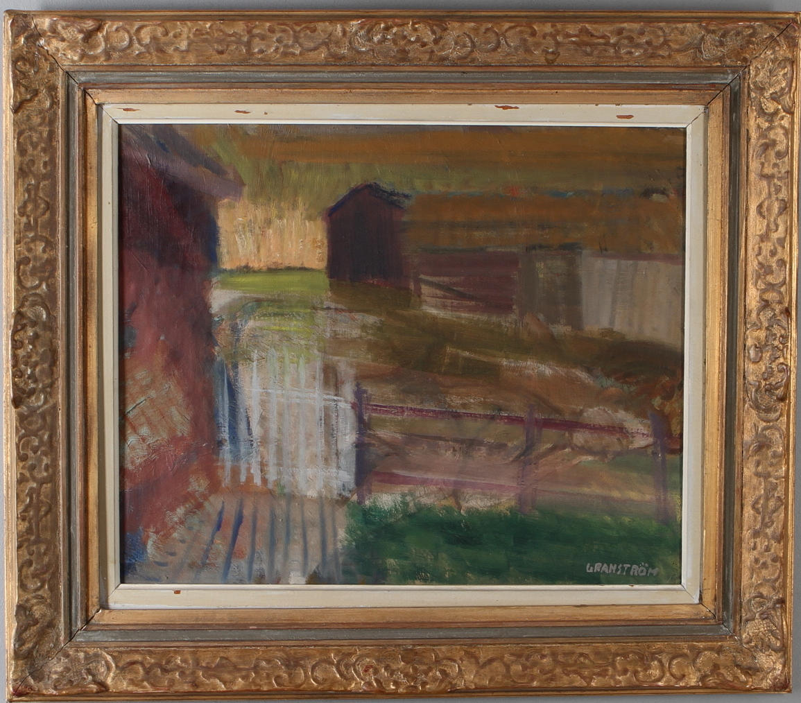 GÖSTA GRANSTRÖM. Gårdsmotiv med grind, olja på papp, signerad.
