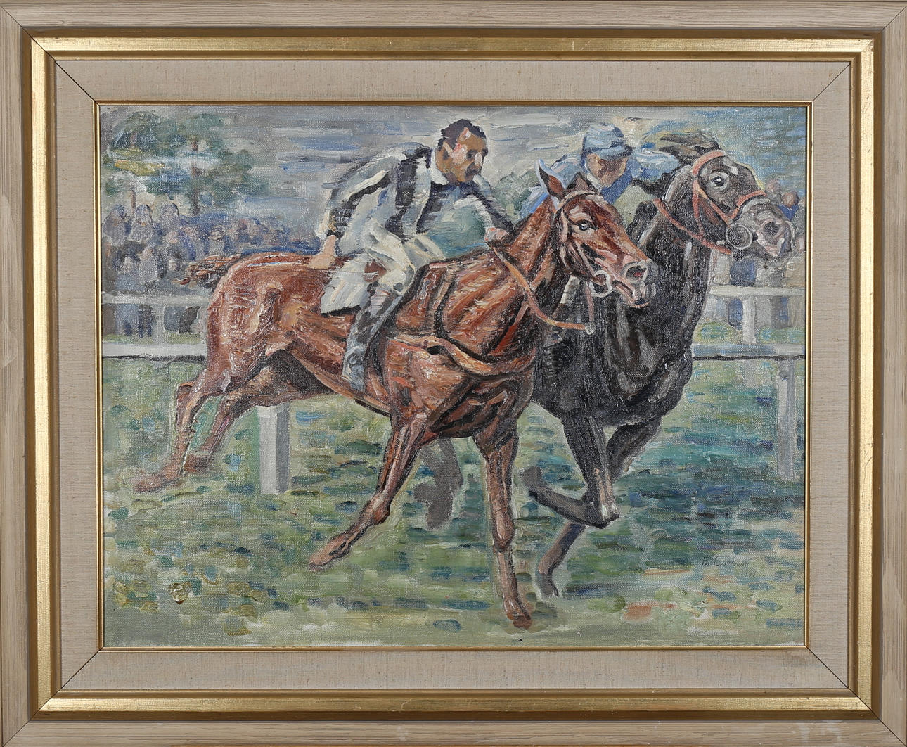BERNHARD NEUMAN. Olja på duk, Galopptävling, signerad B Neuman samt daterad 1941.