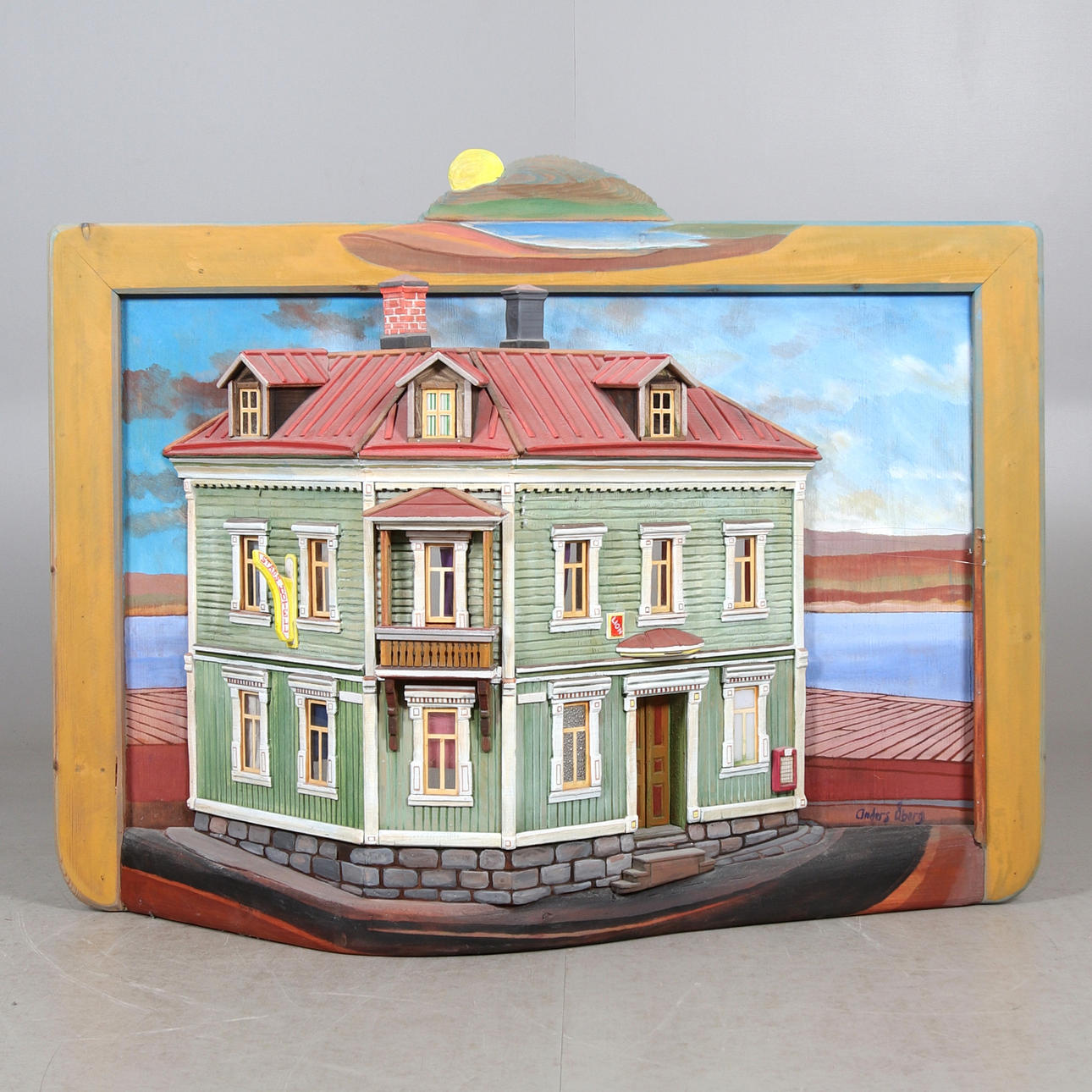 ANDERS ÅBERG. "City hotel", wall sculpture, signed.