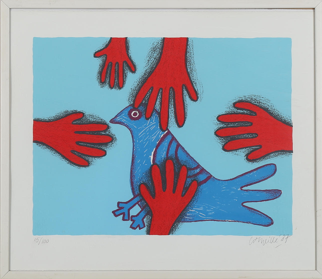 BEVERLOO CORNEILLE. Blå fågel med röda händer, färgserigrafi nr 15/100, signerad Corneille och daterad -87.