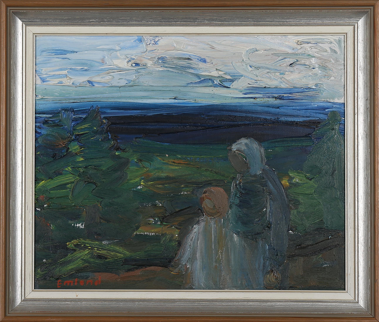 EINAR EMLAND. Landskap med par, olja på duk, signerad Emland.