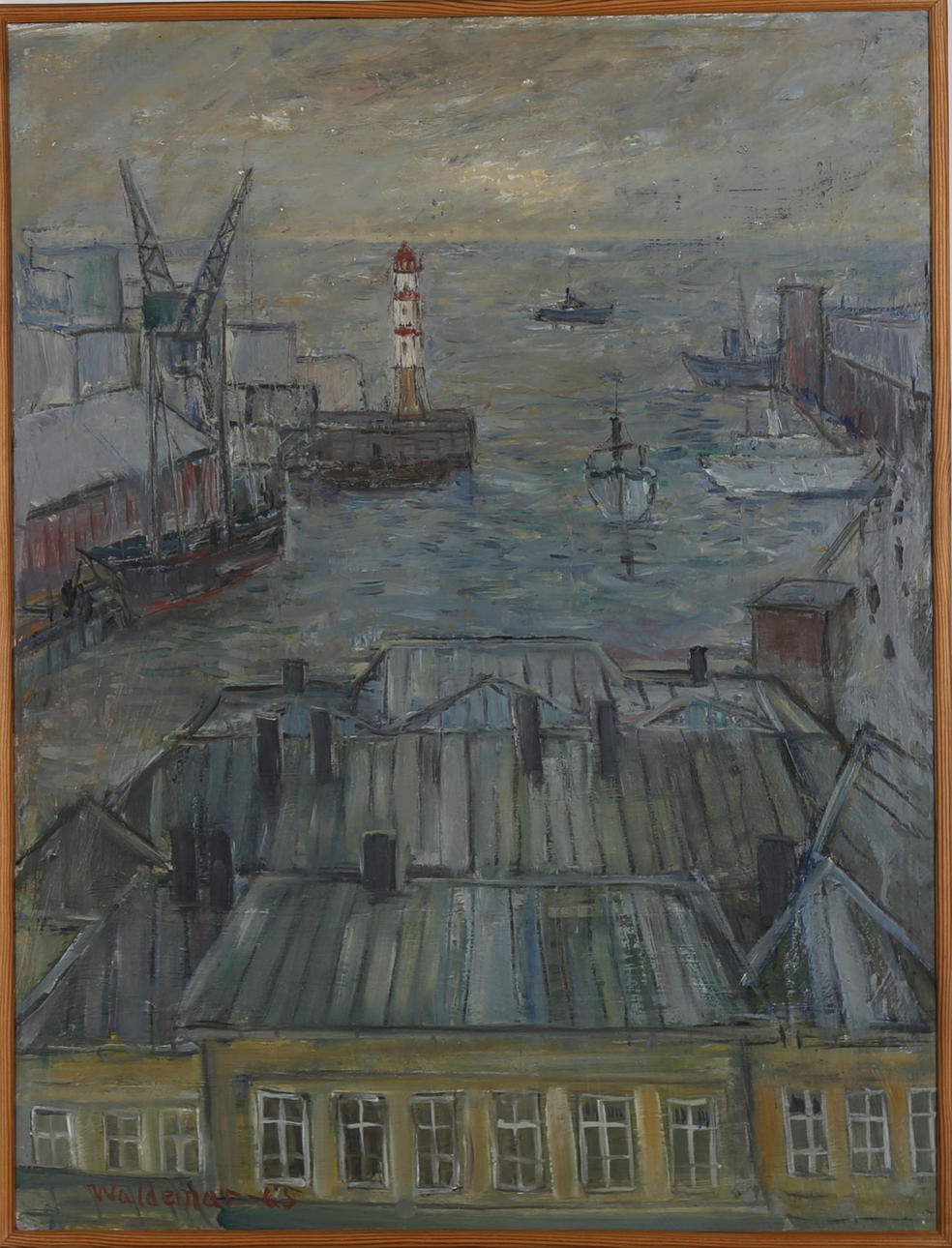 ÅKE WALDEMAR LARSSON. "Malmö hamn 1945", olja på pannå, signerad Waldemar och daterad -65.