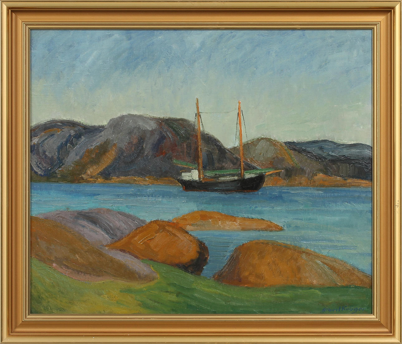 ALBERT KRÜGER. Motiv från Tjörn, olja på pannå, signerad.