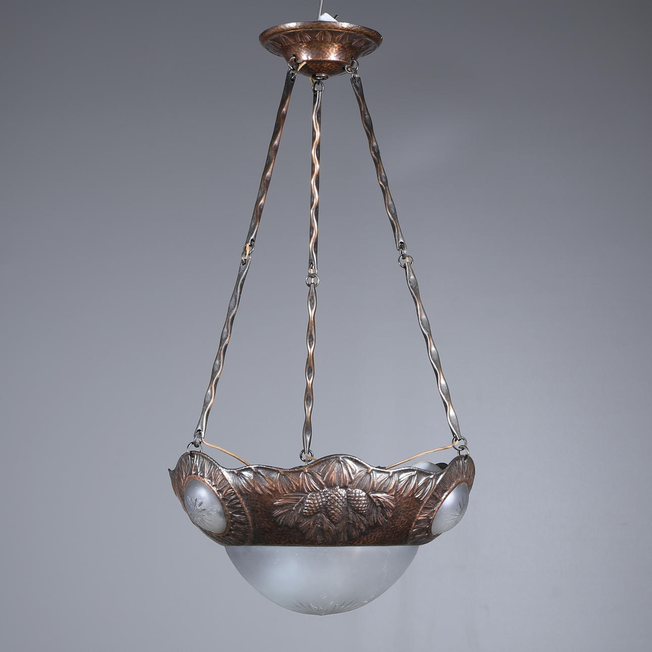 TAKLAMPA, Jugend, koppar samt glas, 1900-tal, total höjd 70 cm.