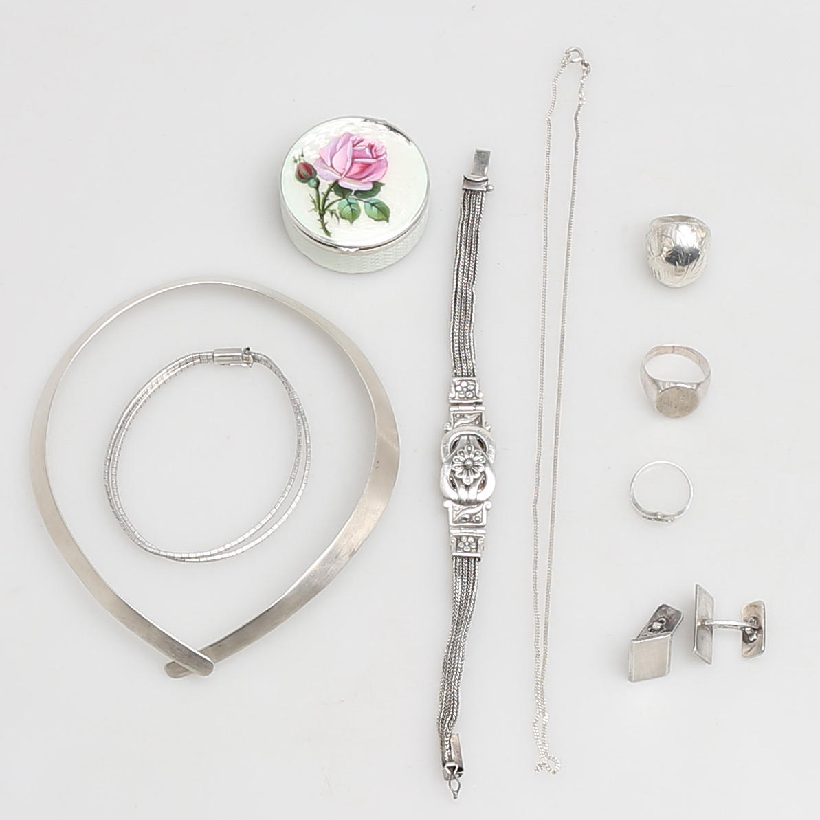 PARTI SMYCKEN i silver, 10 delar, ringar, halsband mm.