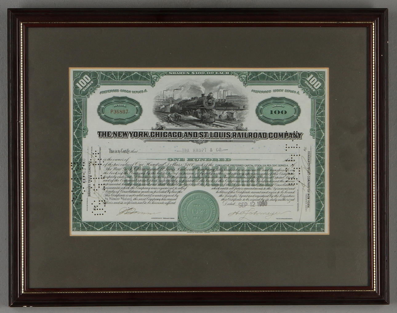 AKTIEBREV, "The New York and St. Louis Rail Road Company" sep 12 1950.