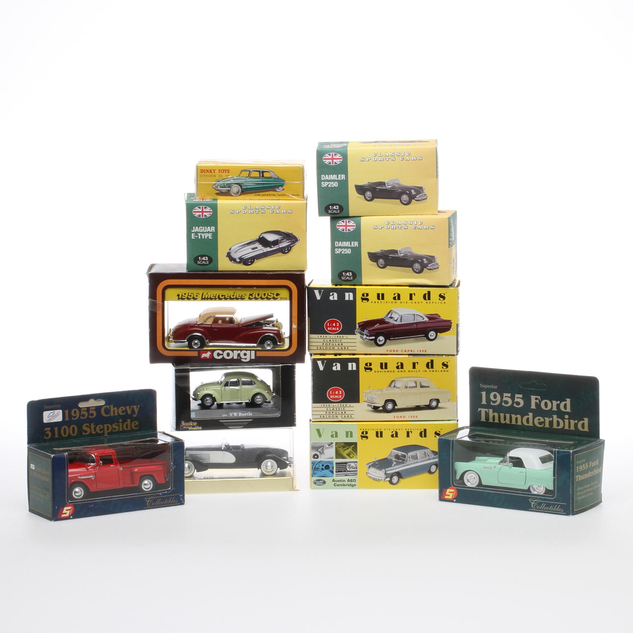 MODELLBILAR VANGUARDS, ATLAS EDITION, CORGI med flera. 12 stycken i originalkartonger.