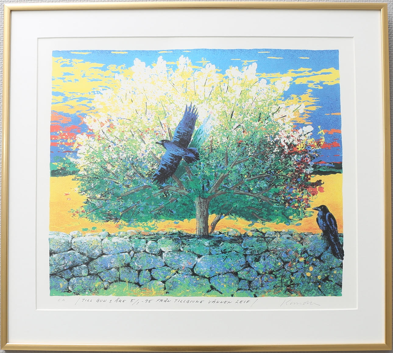 LEIF KANDER. Kråkor vid mur. Färglitografi, signerad Kander, numrerad EA och daterad -95.
