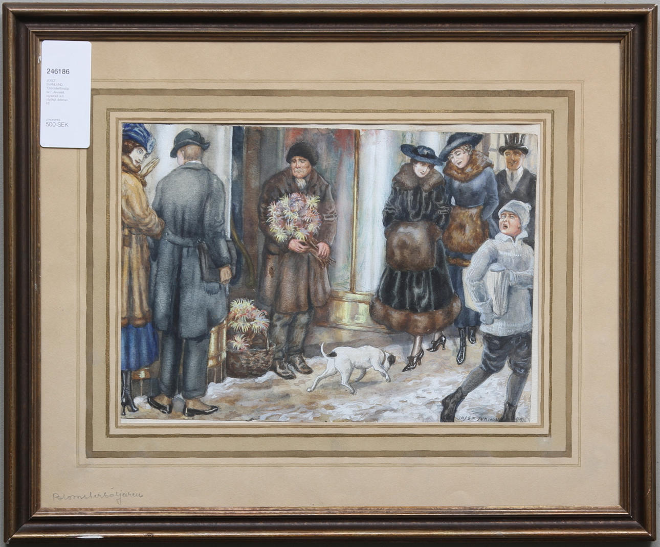 JOSEF SVANLUND. "Blomsterförsäljaren". Akvarell, signerad och otydligt daterad.