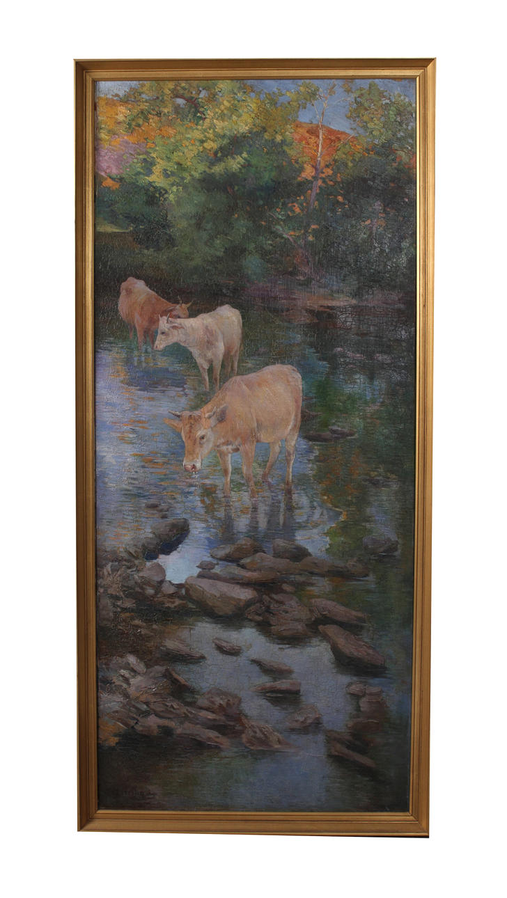 ALLAN ÖSTERLIND. Kor vid vattendrag. Olja på duk, signerad.