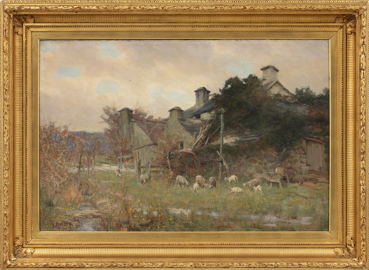 WALTER EMSLEY. Hus med fårhage, olja på duk, sign o dat 1912.