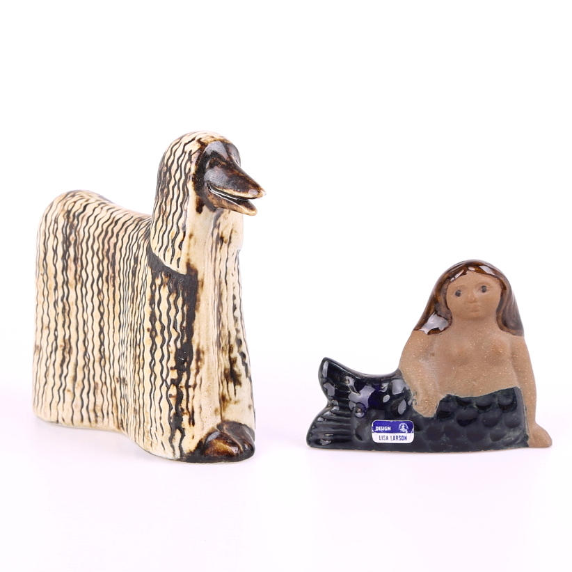 LISA LARSON. Figuriner 2 st, hund och sjöjungfru, stengods, Gustavsberg.
