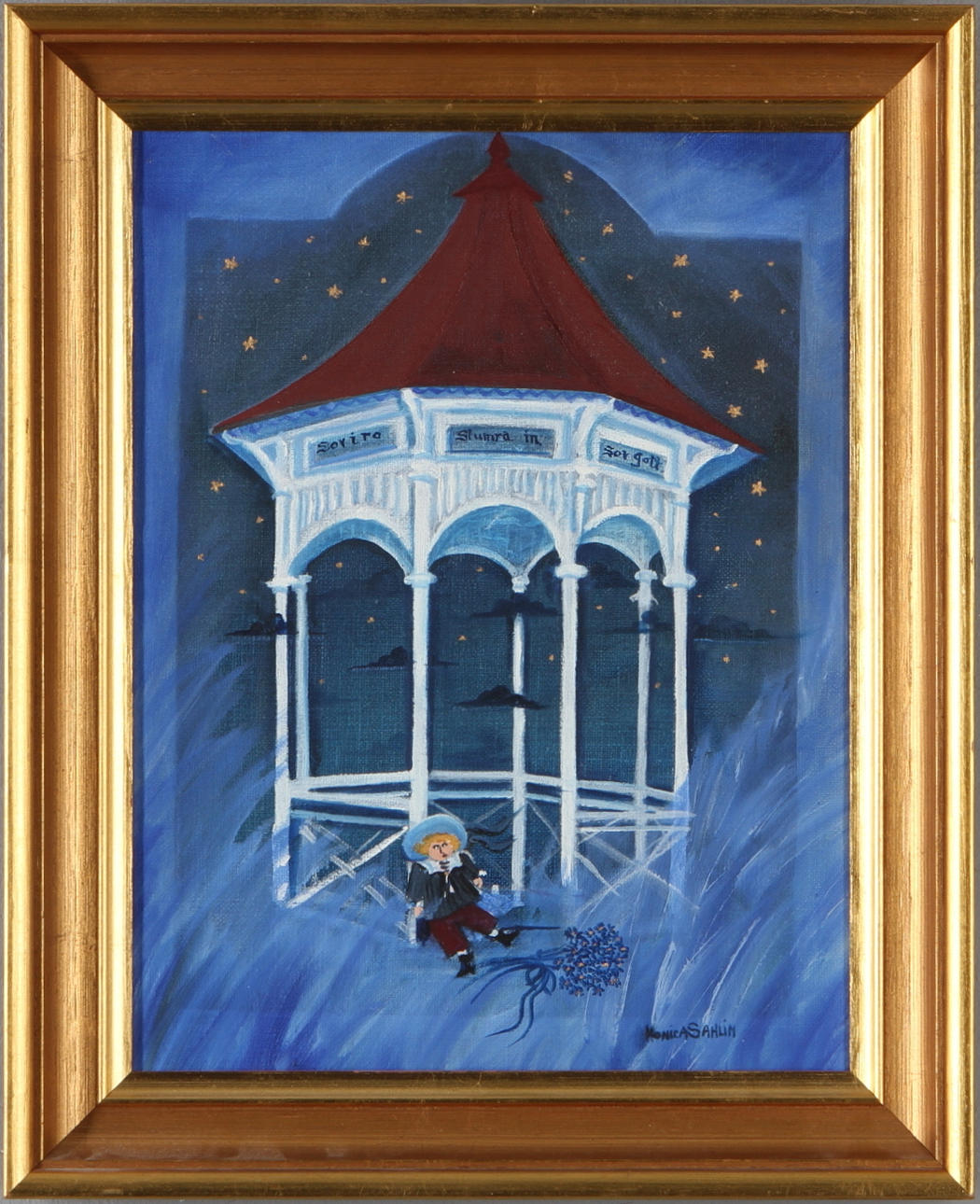 MONICA SAHLIN. "Det var en strålande stjärnklar natt" eller "Under trolska himlar", blandteknik på duk, signerad.