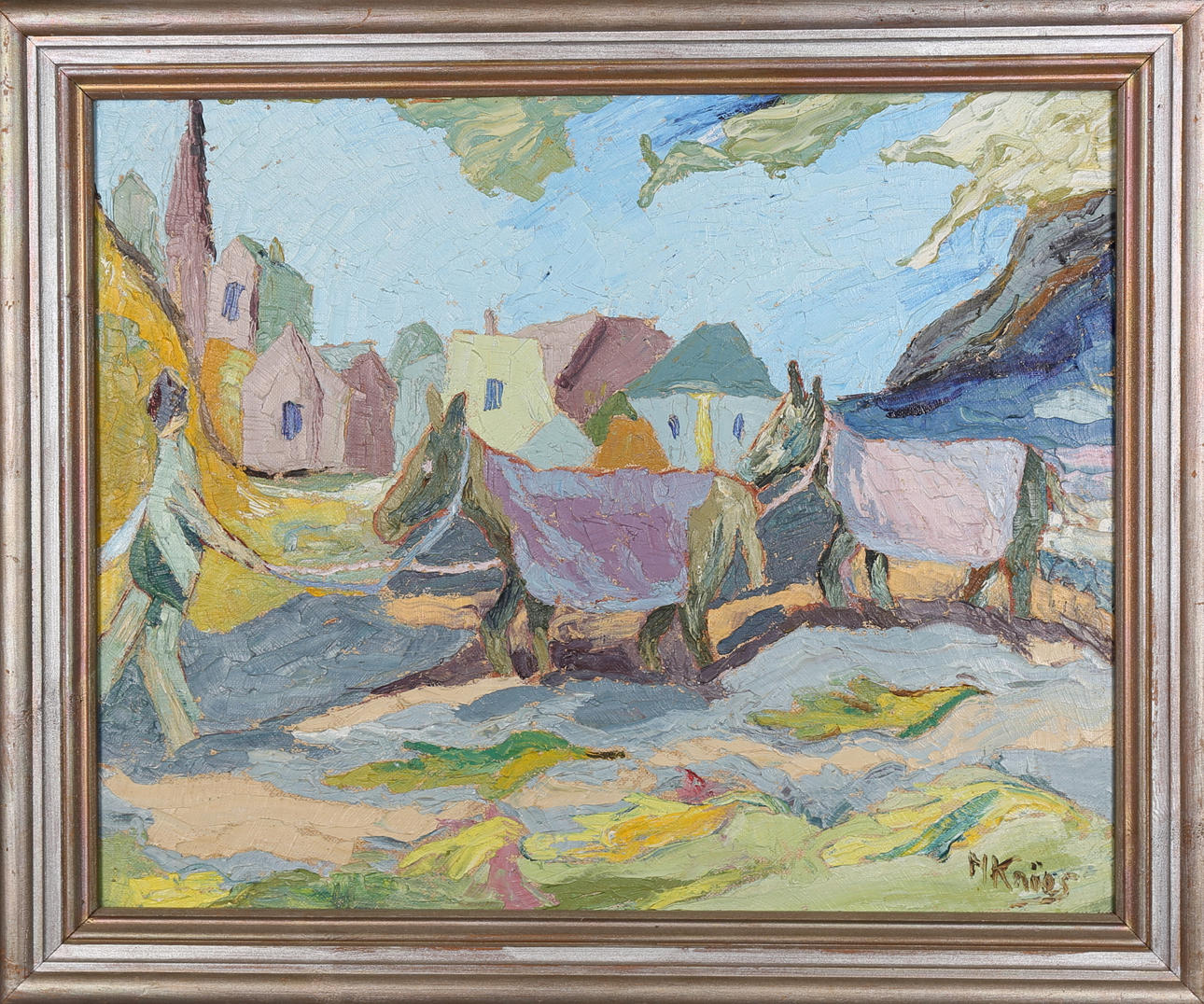 MARTHA KNÖÖS. Bygata med åsnor, olja på pannå, Signerad Knöös.