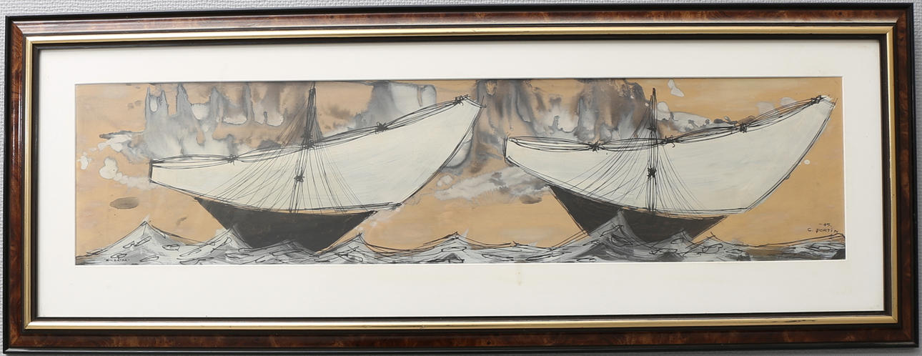 CHARLES PORTIN. "Nilbåtar". Blandteknik, signerad C. Portin och daterad -45.