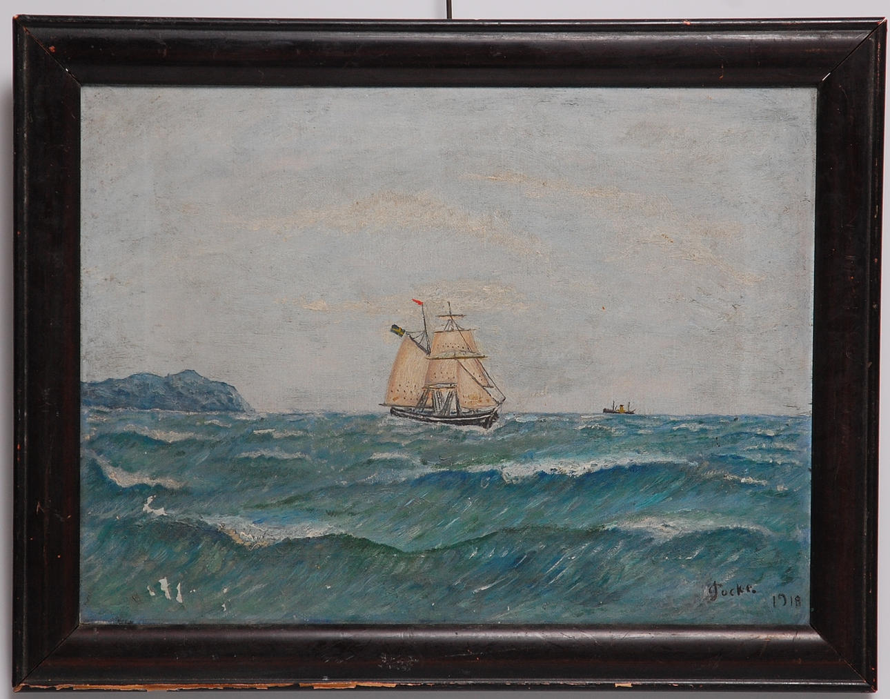 OIDENTIFIERAD KONSTNÄR. olja på duk, Gammalt Sjömans motiv, signerad Jocke 1918.