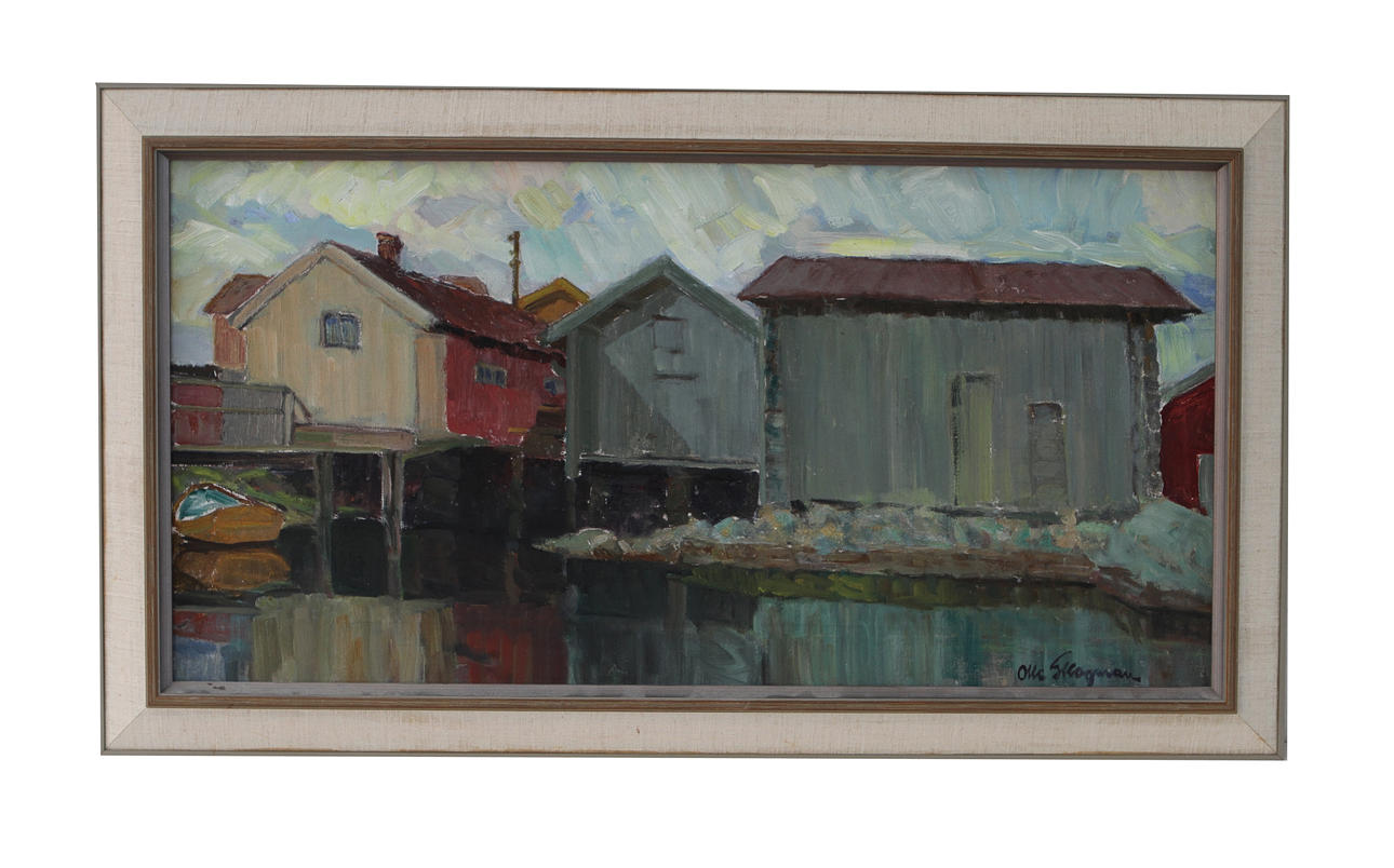OLLE SKOGMAN. Fiskarstugor, Fiskebäckskil. 3 oljor, signerade.