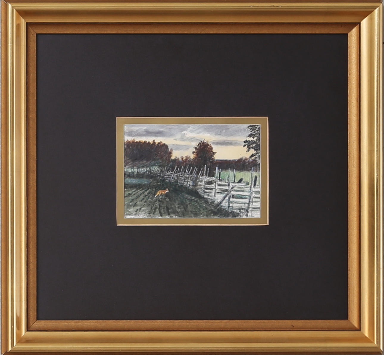 HARALD WIBERG. Smygande räv vid gärdesgård, akvarell, signerad.