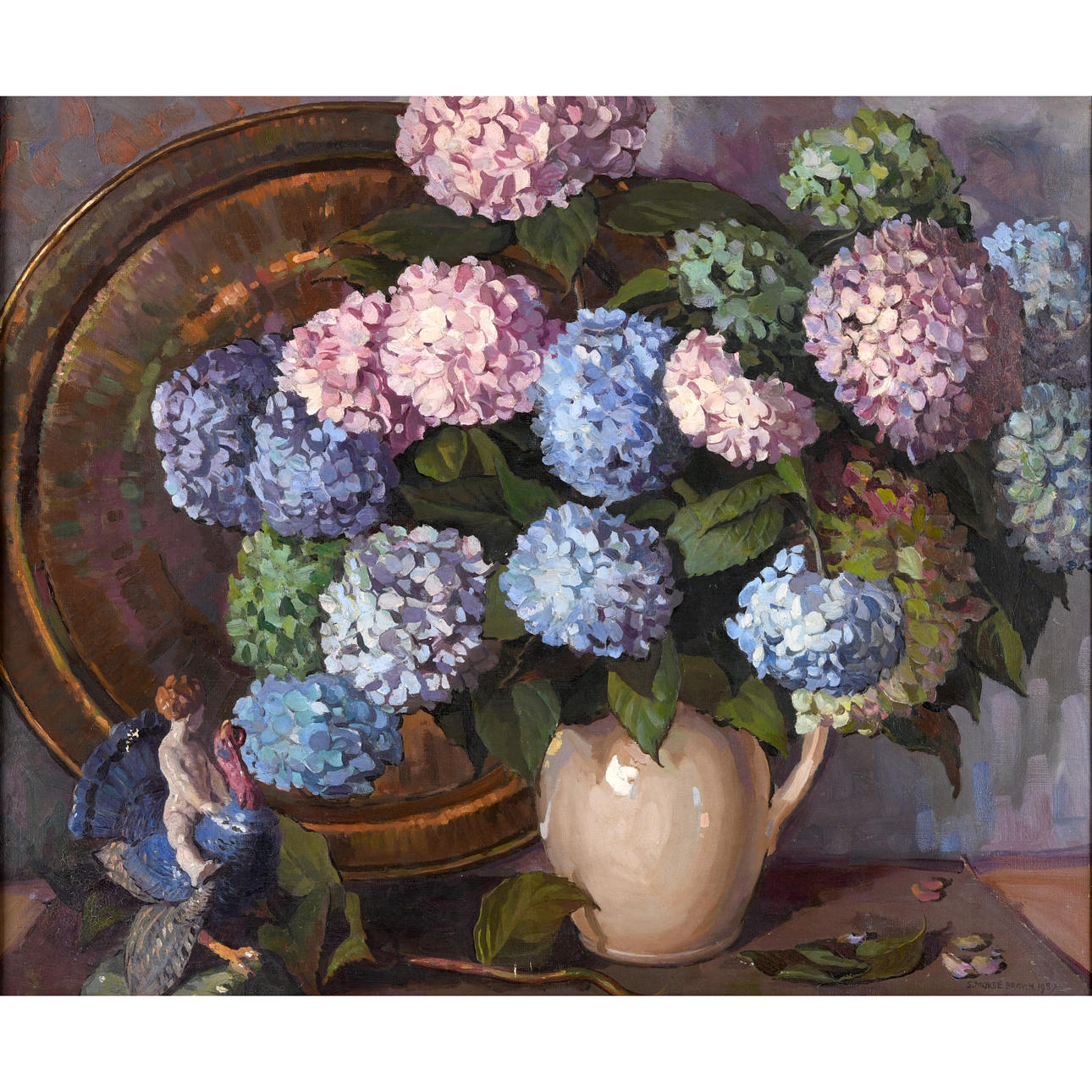SAM MORSE-BROWN (1903-2001). A JUG OF HYDRANGEAS AND A CHELSEA FIGURE.