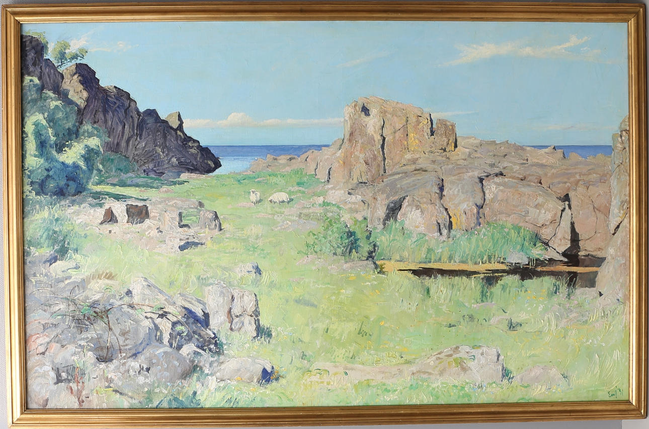 ERIK WILLIAM JOHNSEN. Kustlandskap med får. Stor olja på duk, signerad EWJ och daterad 31.