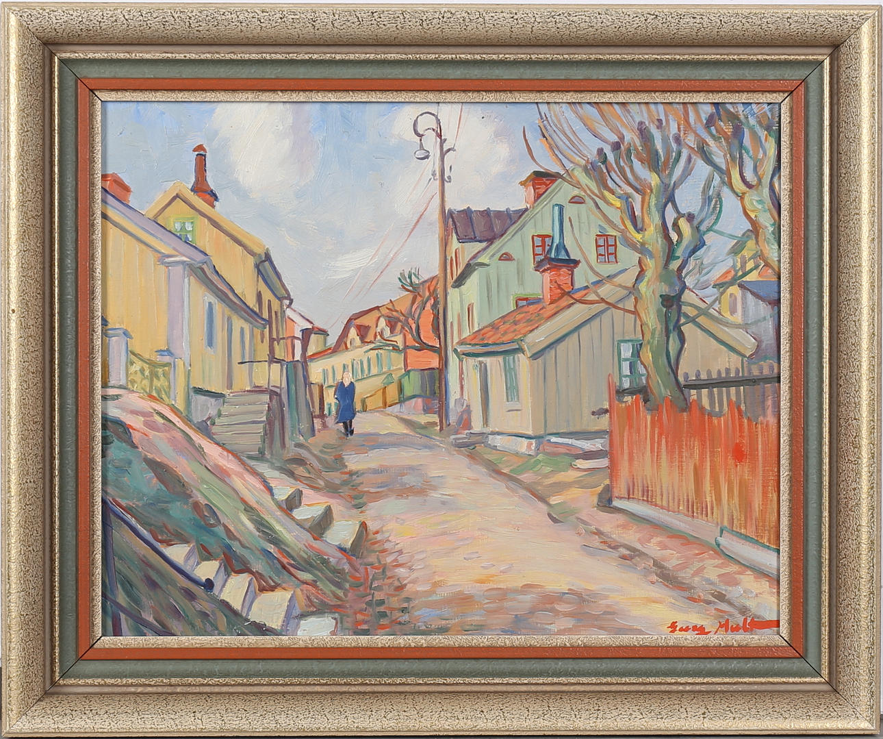 GEORG HULT. Besvärsgatan, Oskarshamn. Olja på pannå, signerad.