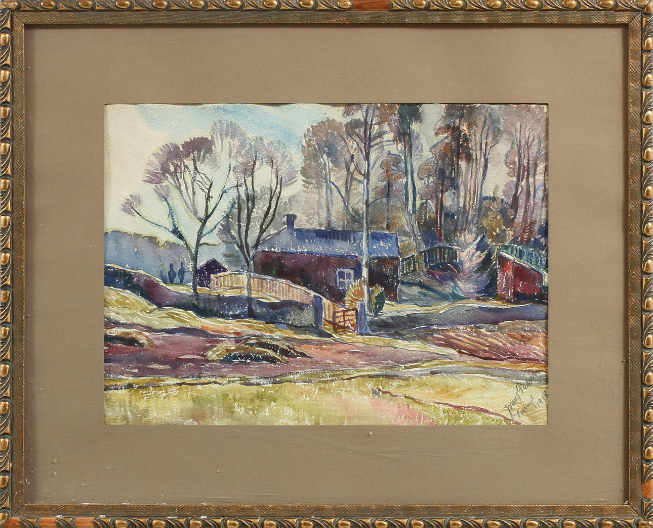 JONAS PESON(PETTERSSON). Landskap med hus, akvarell, sign o dat 1918.