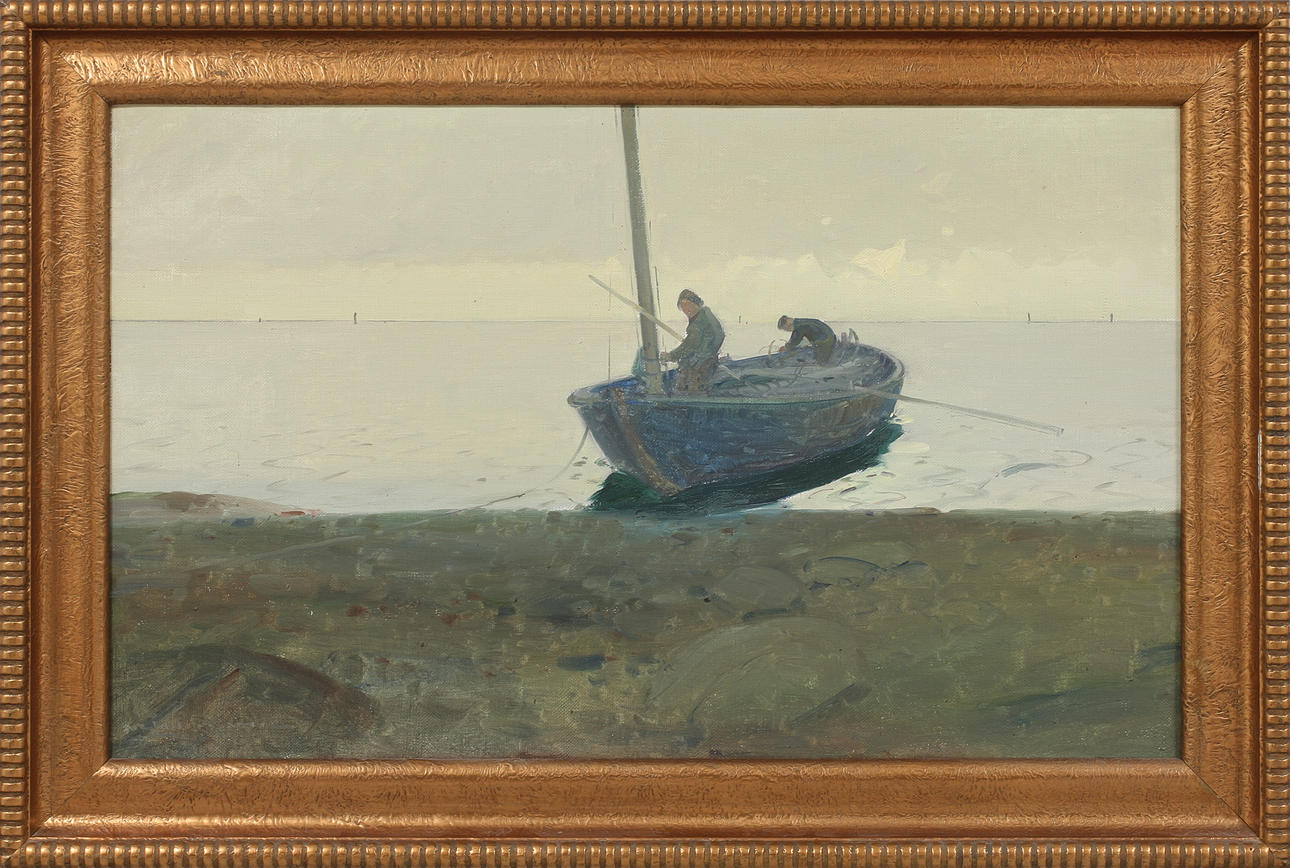 ARVID JOHANSSON. Fiskebåt vid strand, olja på duk, signerad.