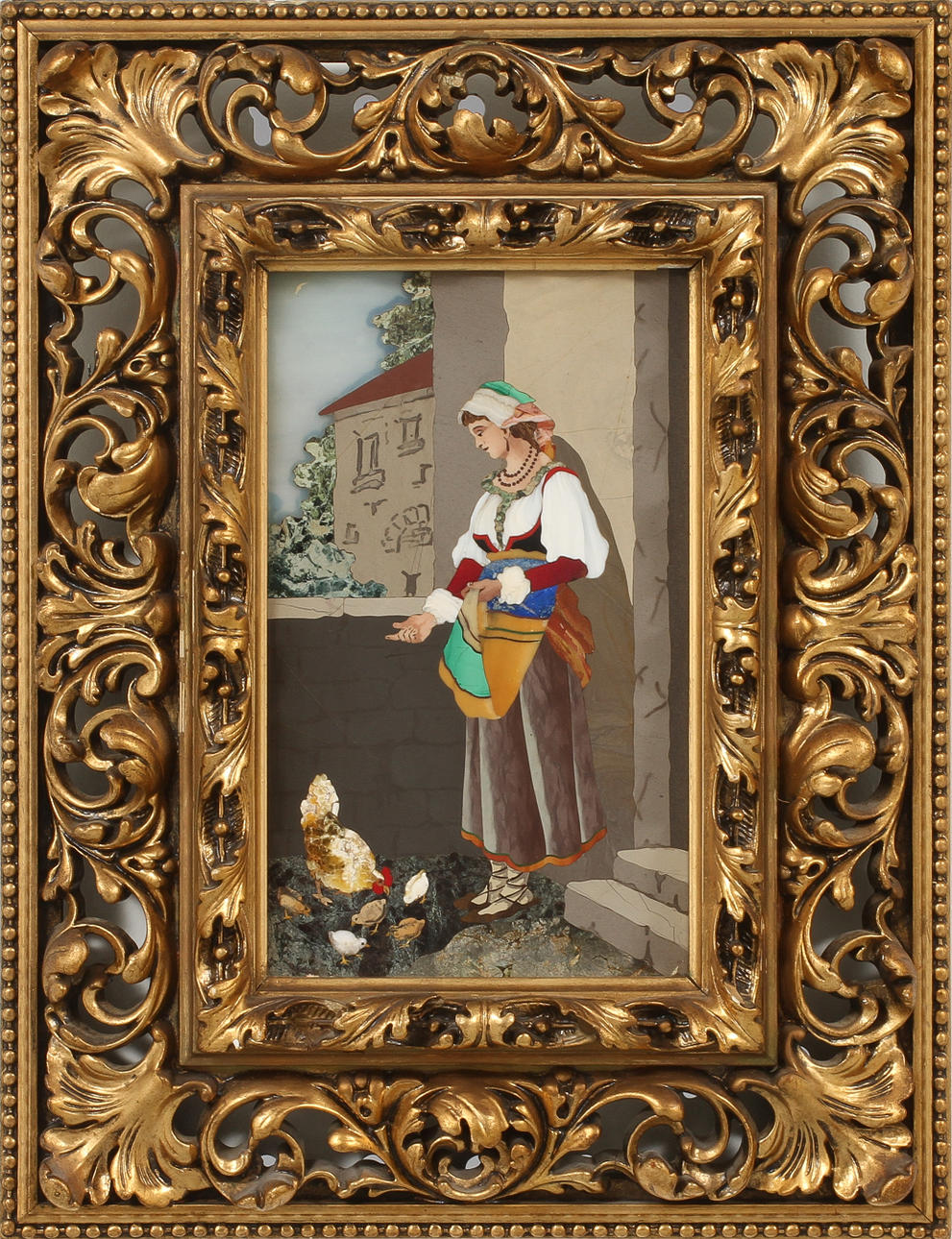 TAVLA, Kvinna med höns, Pietra Dura.