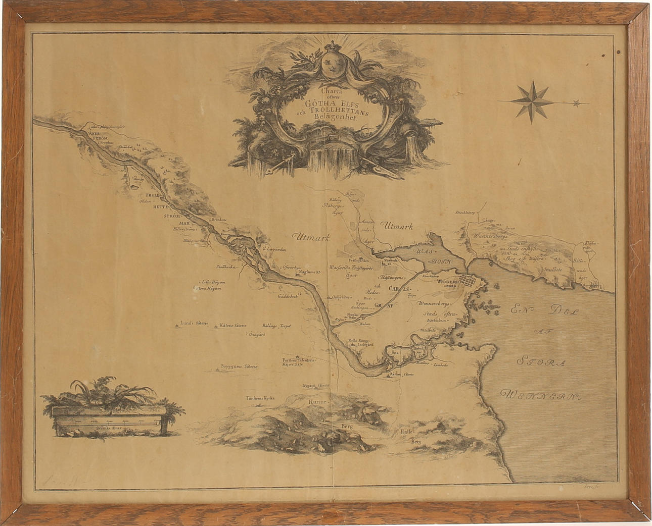 MAP of Trollhättan/Göta River, copper engraving, 18th century. Art ...