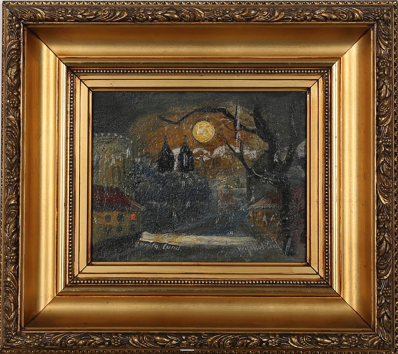 OLUF WOLMER JACOBSEN. "Gamla Lund" Olja på uppklistrad duk, signerad W Jakobsen.