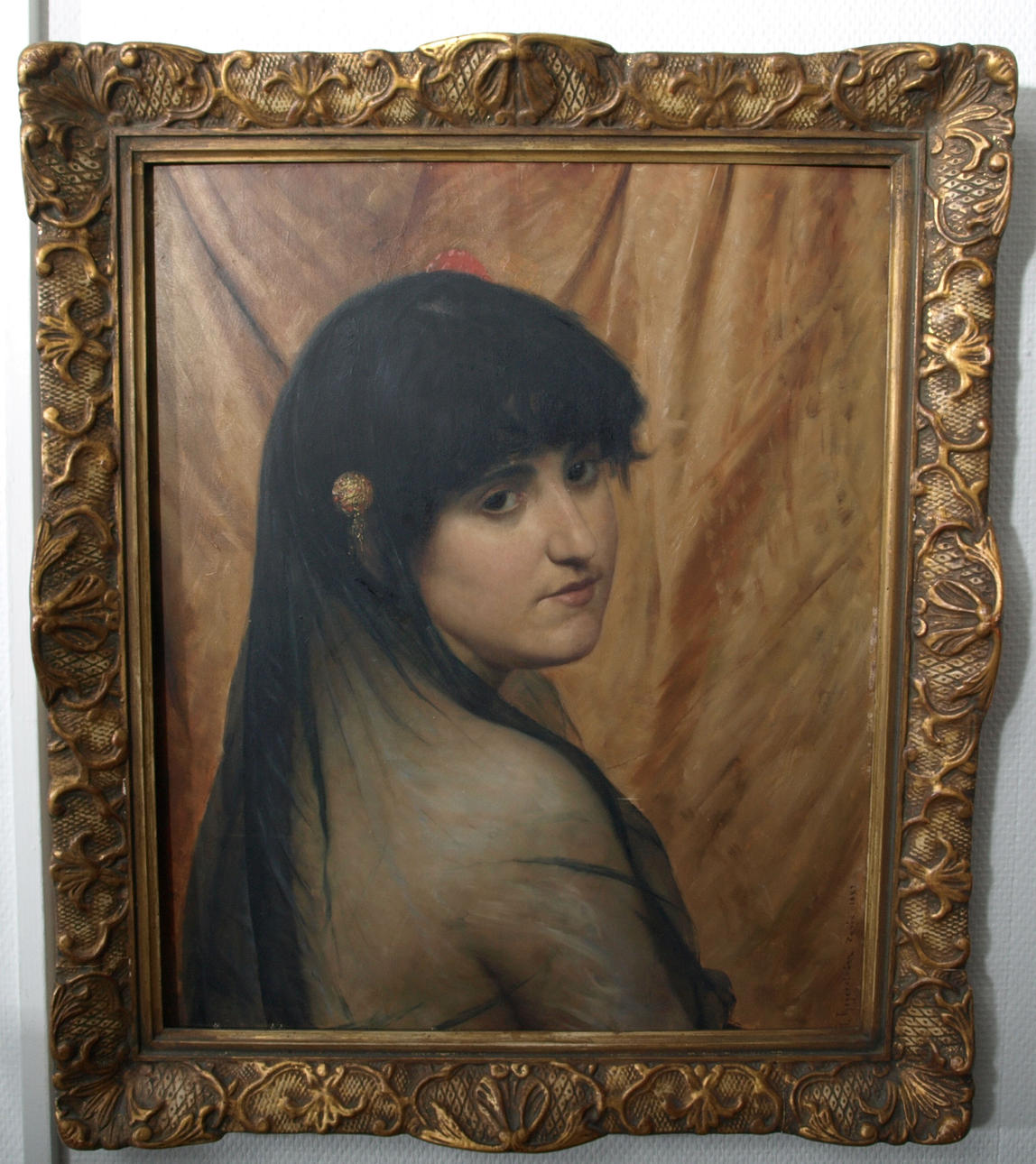 ROBERT THEGERSTRÖM. Olja på pannå, "Flicka med svart slöja och hårsmycke", signerad R Thegerström ( 1857-1919 ), Paris 1882.