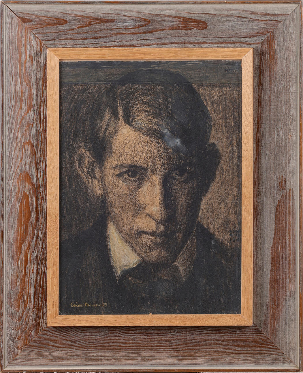 EINAR NERMAN. Self-portrait, charcoal drawing, signed and dated -09.