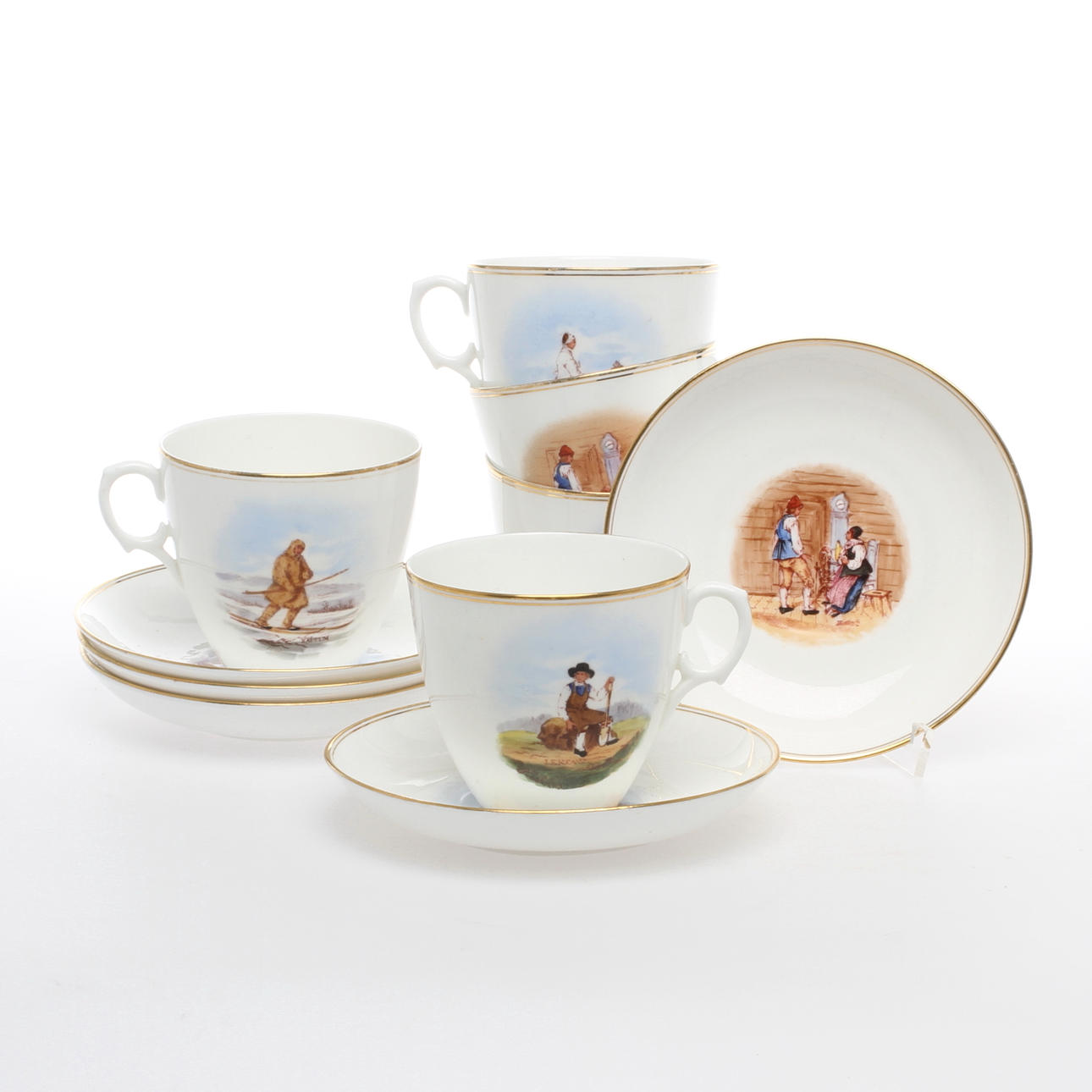 TEKOPPAR, 5 st, porslin, "Ett år i Sverige", Rörstrand, omkring år 1900.