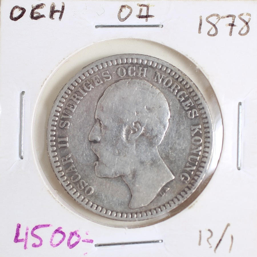 SILVERMYNT 2 kronor Sverige år 1878.