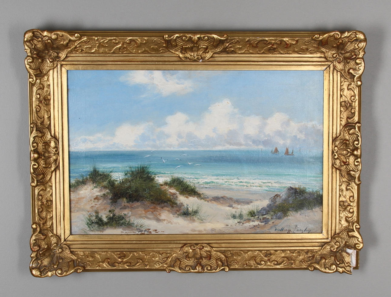 WILLIAM LANGLEY, England. Strandmotiv med segelbåtar. Olja på duk.