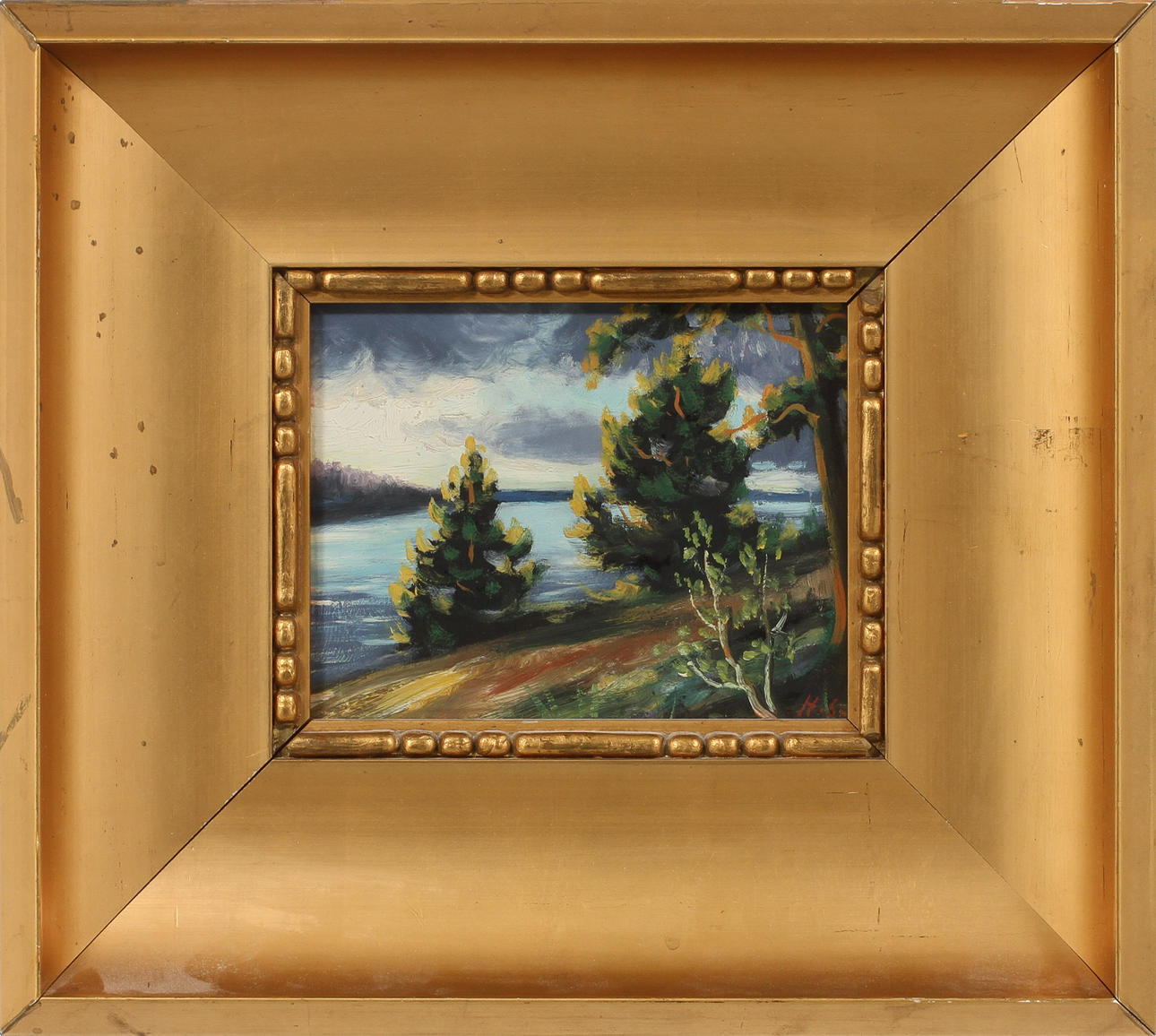 OIDENTIFIERAD KONSTNÄR, Sjölandskap, olja på pannå, monogramsign.