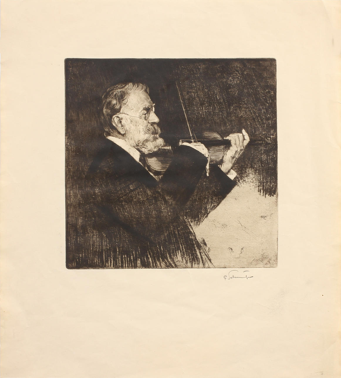 FERDINAND SCHMUTZER. fiolspelare, etsning, signerad.