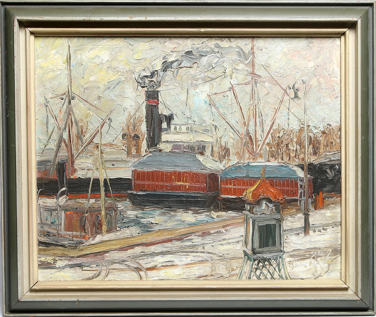 GÖSTA BOHM. Båthamn, olja på pannå, signerad.